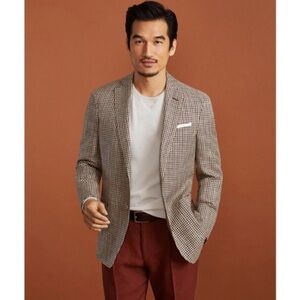 Brooks Brothers 346 2-Button Houndstooth Tan Blazer Jacket Wool Size 43R